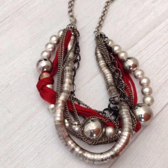 Multimedia & Very Silver-Like Beaded Multi-Chain Statement Wearable Art Necklace - Picture 10 of 12
